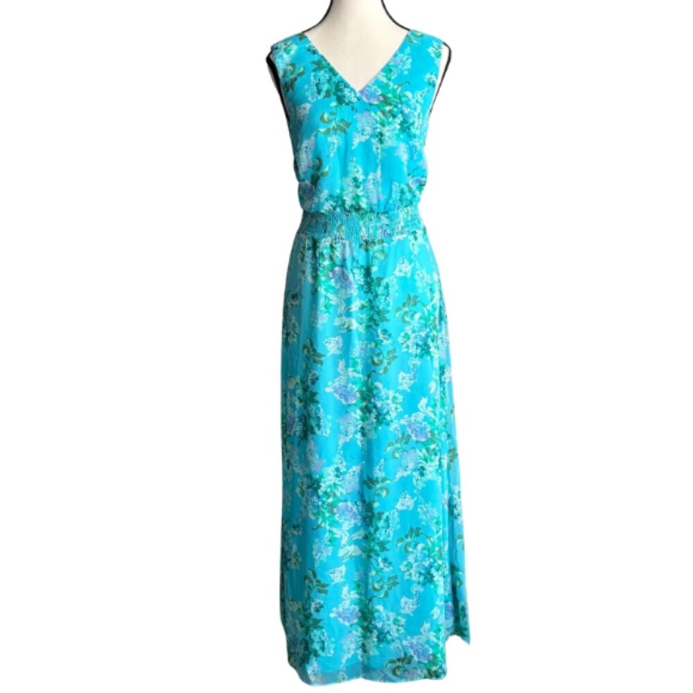 ISAAC MIZRAHI LIVE, BEAUTIFUL TURQUOISE FLORAL MAXI CHIFFON DRESS, SZ. 8